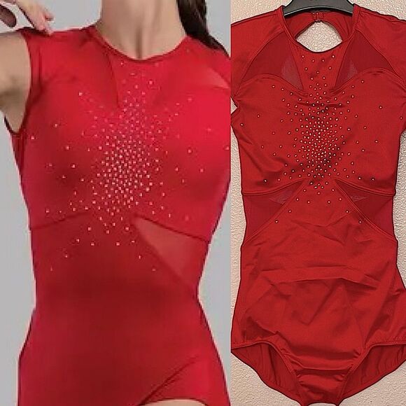 Weissman custom rhinestone dance costume red leotard 14523 LC-large child - Picture 1 of 12
